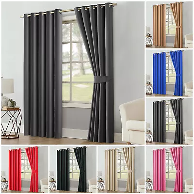 £27.99 • Buy Thick Thermal Blackout Ready Made Eyelet Ring Top Pair Curtains Panel +Tie Backs