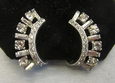 Vtg Signed MAZER STERLING CLIP ON EARRINGS Baguette Rhinestone Arc • $59.95