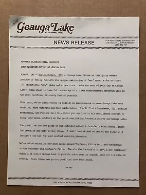 Vintage 1985 GEAUGA LAKE Amusement Park News Release ADVANCE PLANNING • $19.99