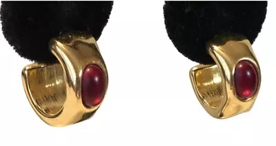 MONET Earrings Red Cabochon Gold Tone Hoop Pierced • $48