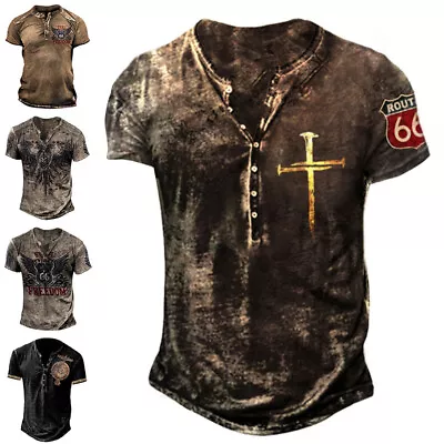 £12.86 • Buy Mens Short Sleeve Vintage Henley Shirt Casual Baggy V Neck Button T Shirt Tops