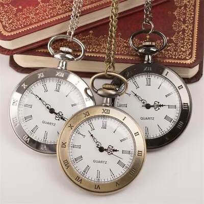 Vintage Roman Numerals Open Face Quartz Pocket Watch With Chain Men Gift • £8.29