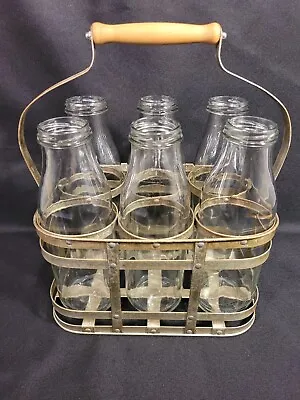 Vintage Milk Bottle Metal Carrier 6 Slot With Bottles Wooden Handle • $100