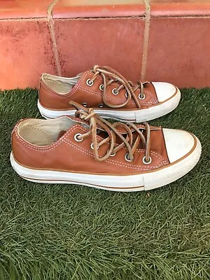 Converse All Star Tan Leather Trainers Uk Size 3 Low Top Lace Up Sneakers • £25