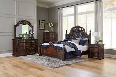 4 Pc Stunning Ornate King Faux Leather Tufted Bed Ns Dresser Bedroom Furniture • $2399