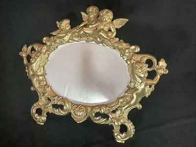 Vintage Heavy Ormolu Gold Metal Rococo Style Cherubs Beveled Easel Mirror 11.5” • $162.72