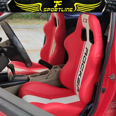 Universal Pair Reclinable Racing Seat + Dual Sliders Red PU Leather White Stripe • $349.99