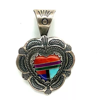 Navajo Quoc Turquoise Inc. Sterling Silver Mulit-Inlay Heart-Shaped Pendant • £19.76