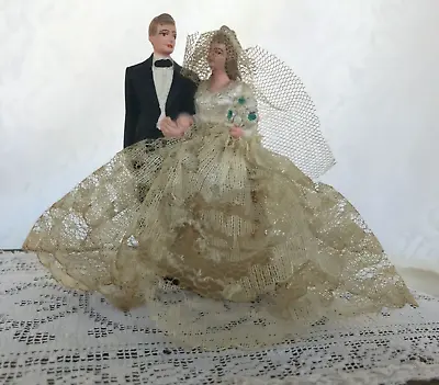 Vintage Bride And Groom Chalkware Wedding Cake Topper Holding Hands  Lace Dress • $21