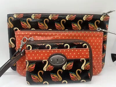 FOSSIL NEW 3-Piece Coated Canvas Swans Cosmetic Bag Zip-Up Bag Wristlet Wallet • $34.95