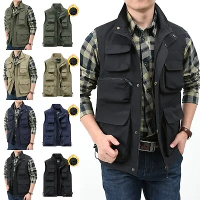 Men Waistcoat Sleeveless Cargo Vest Mens Comfy Travel With Multi Pockets Jacket • $31.20
