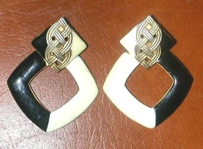 £27.53 • Buy VINTAGE 60s 70s DON-LIN ENAMEL LGE DANGLE EARRINGS PIERCED BLACK & WHITE ESTATE