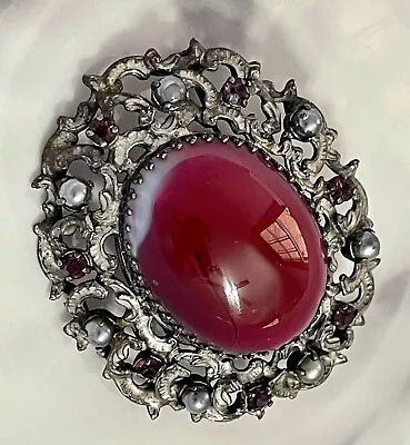 Vintage Austria Swirled Red Cabochon Pin Pearl Rhinestone Accents Silver Tone • $14.99