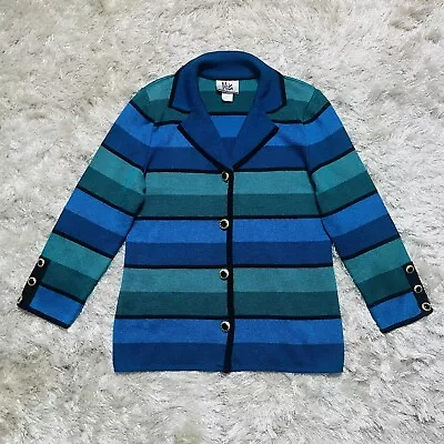 Vintage 90s Mita Sweater Women Size S/M Blue Striped Knit Cardigan Collared • $49.99