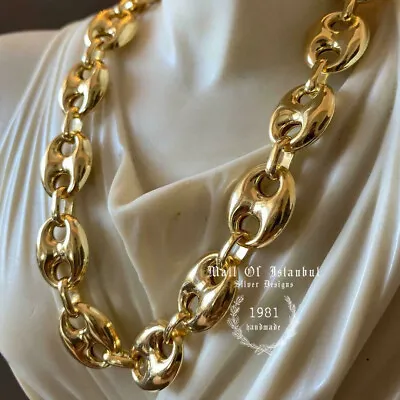 Mens Puffed Mariner Chain Necklace 14k Gold Plated 925 Silver 14mm 57gr 22Inch • $161.50