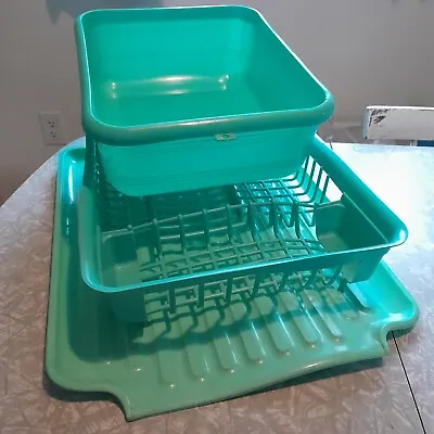 Vtg Kitchen Aqua Dish Drainer Drying Rack Mat And Wash Bucket Set Unbranded • $54