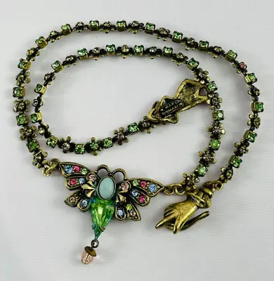 MARY DEMARCO Butterfly Insect Green Pink Rhinestone Necklace AS IS • $40