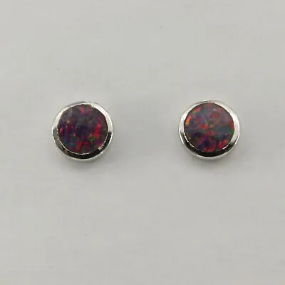 Round Mexican FIRE OPAL Post / Stud Earrings - 925 STERLING SILVER Rhodium #4e • $12.48