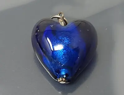 Vintage Navy Blue Venetian Murano Glass Silver Heart Pendant • $25