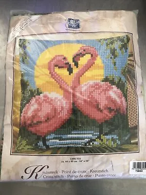 Vervaco Verachtert Cross Stitch Needlepoint Pillow Kit Flamingos  16x 16 New • $15.94
