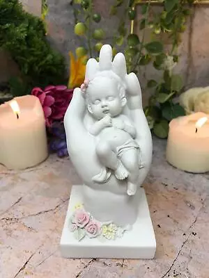 £17.95 • Buy Beautiful Baby Girl Angel Cherub Resting In Hand Pink Roses Ornament Gift 