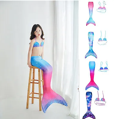 Kids Girls Mermaid Tail Swimming Costume Swimmable Bikini Set Swimsuits Monofin • £9.84