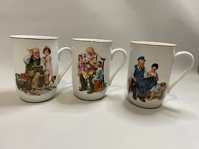 Vintage Norman Rockwell Mugs 3 Cups Museum Collection 1986 Gold Rim Excellent • $17