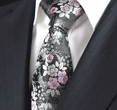 Premium UK Mens Tie Black Silver Grey Flower Dusty Pink Floral Silk Paisley 513  • £10.88