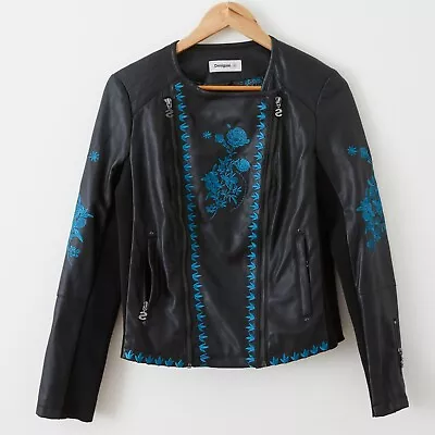 Desigual Womens Black Faux Leather Biker Jacket Blue Embroidery Sz 40 12 Moto • $59.95