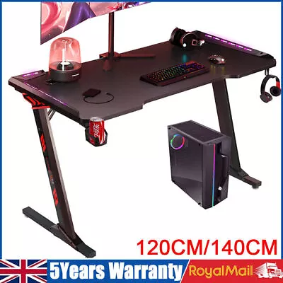 LED Ergonomic Gaming Desk Computer Table With Cup Holder Cable Management Black • £75.99