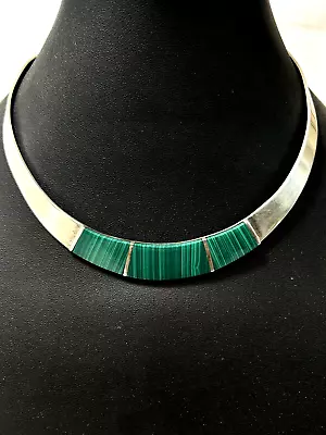 Sterling Silver Green Malachite Inlay Choker Necklace Mexico • $60