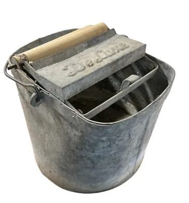 Vintage De Luxe Galvanized Metal Mop Bucket W/ Wood Roller & Handle Primitive • $29.95