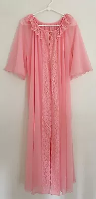 Vintage Women’s Peignoir Robe Sz L Sheer Pink  Mid-Sleeve Lace Ruffle Neck • $27.54