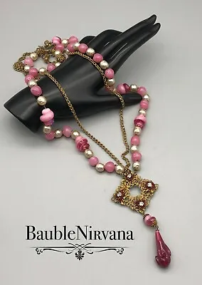 Estate Fresh Vintage Miriam Haskell Pink Gripoix Glass Drop Beads Necklace • $440.36