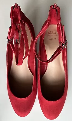 BNWT M&S Insolia Wide Fit Double  Ankle Straps Red Suede Court Block Heel-UK 5.5 • £15.99