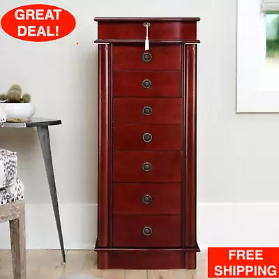 Jewelry Armoire Organizer FreeStanding Wood Storage Box Chest Mirrored Cherry • $164.99