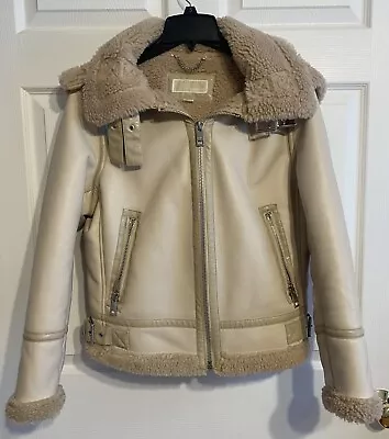 Michael Kors NWT Leather Faux Fur Sand Shearling Hooded Moto Jacket Size Medium • $100