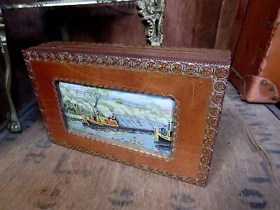 £40 • Buy J & J Cash Wood Silk  Embroidered Box Coventry 1930s Canal Boat Barge Gift Art