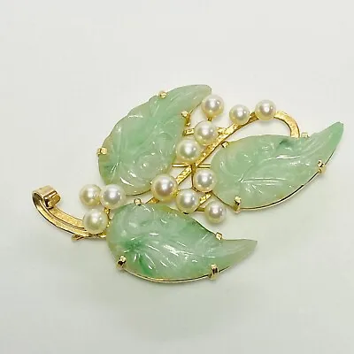 Ming's Honolulu 14K Yellow Gold Carved Jade Leaf Akoya Pearl Brooch Pendant 15g • $1195