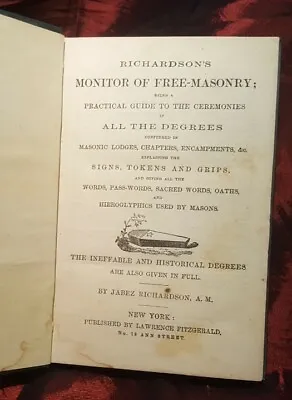 1st Edition  RICHARDSON'S MONITOR FREEMASONRY 1860   Illuminati Occult Kabbalah • $300