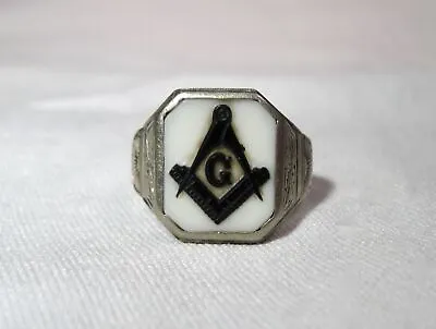 Vintage 10K White Gold Art Deco Men's Masonic Freemason Ring Size 9 1/2 K1678 • $515