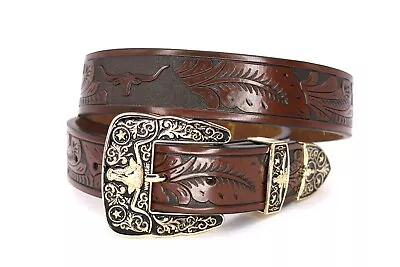 Western Belt Genuine Leather Gold Bull Longhorn Coffee Belt Floral Pants Size 38 • $39.99