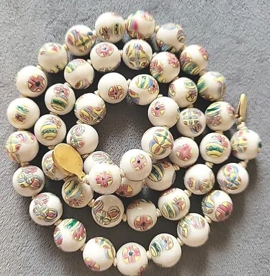 Chinese Ceramic Bead Ivory Balls Paint Gold Tone Clasp Necklace Vintage 25  • $30