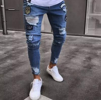 Mens Skinny Ripped Jeans Stretch Denim Distressed Blue Slim Fit Pants Trousers • $20.98