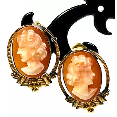 Vintage Carved Shell Cameo Screw Back Earrings Signed VAN DELL 12K Gold Filled • $24.99