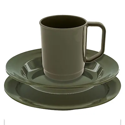 £9.90 • Buy CAMPING MUG DEEP PLATE & FLAT PLATE SET OLIVE Outdoor Hiking Cup Bowl Dinner