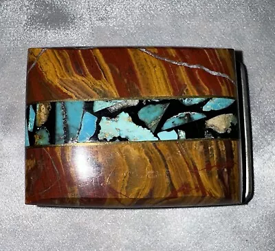 Vintage Belt Buckle Handmade Turquoise Petrified Wood 1970-80s • $54.99