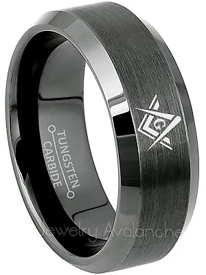 Masonic Ring Gunmetal Tungsten Carbide Ring Freemason Mens Tungsten Wedding Band • $77