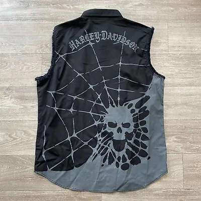 Harley Davidson Vest Blow Out Woven Black Grunge Punk Skull Spider NWT XL Y2K • $74.99