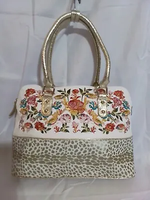 Vintage SHARIF Leather Leopard Embroidered Flowers SATCHEL BAG PURSE Gold NEW • $64.99
